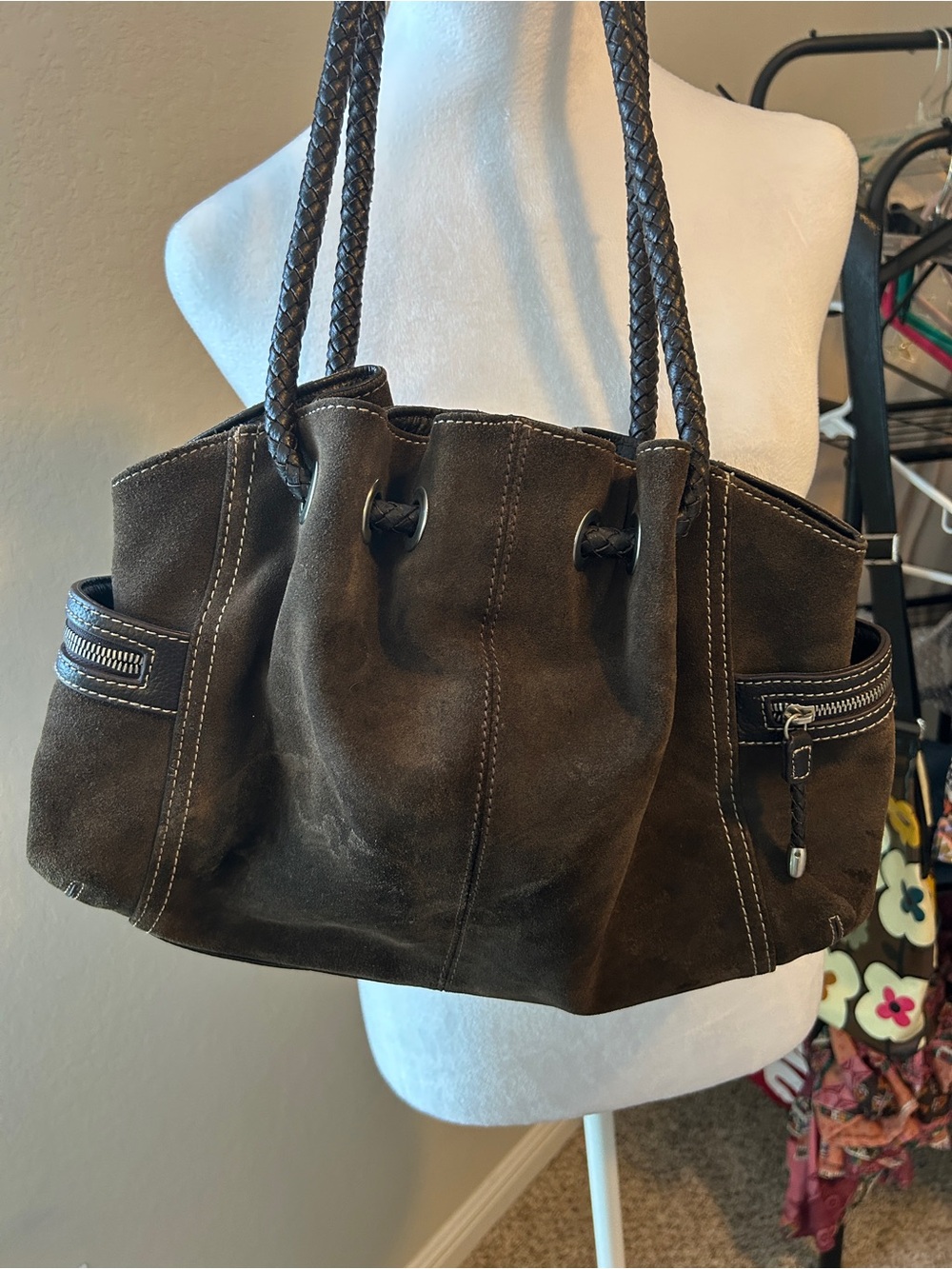 COLDWATER CREEK Dark Brown Suede and Leather Shoulder Bag Purse Braided Straps